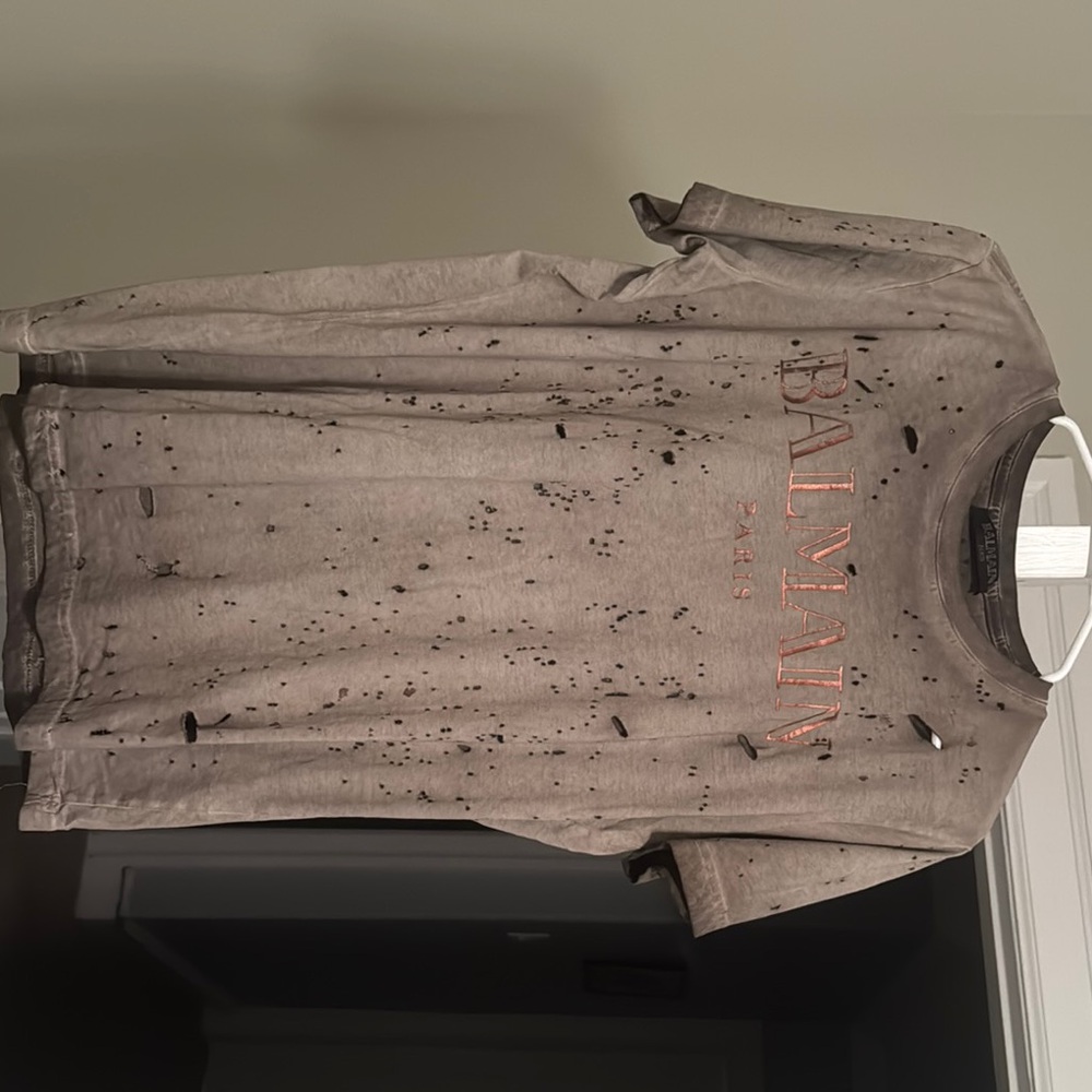 Balmain Gray Distressed Short Sleeve Tee
